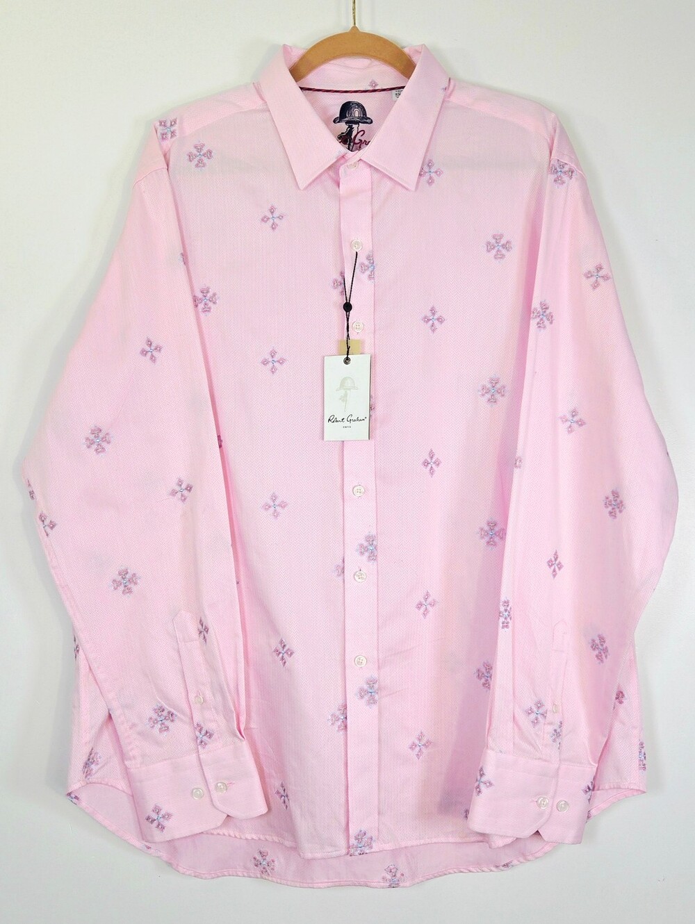 NWT ROBERT GRAHAM PINK GEOMETRIC DIAMOND CROSS EMBROIDERED SHIRT CLASSIC FIT.